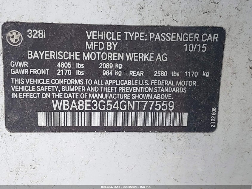 2016 BMW 3 series VIN WBA8E3G54GNT77559 IAAI salvage auction — NORMAL WEAR, Clear (New Jersey), sold $1,850 on 2026-07-20 (photo 9)