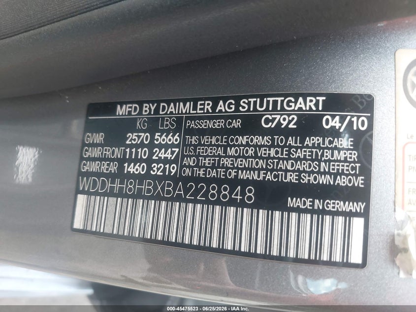2011 Mercedes-benz E-klasse VIN WDDHH8HBXBA228848 IAAI salvage auction — REAR END, Salvage - Greater Than 75% (Maryland), sold $50 on 2026-07-22 (photo 9)