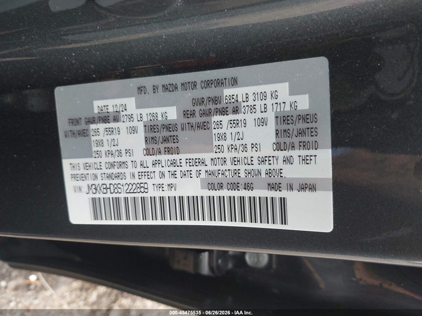 2025 Mazda Cx-90 VIN JM3KKBHD8S1222859 IAAI salvage auction — LEFT SIDE, Salvage Title, sold $11,500 on 2026-08-26 (photo 9)
