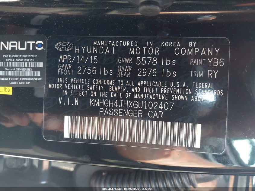 2016 Hyundai Equus VIN KMHGH4JHXGU102407 IAAI salvage auction — NORMAL WEAR, Original (Texas), sold $2,375 on 2026-07-29 (photo 9)