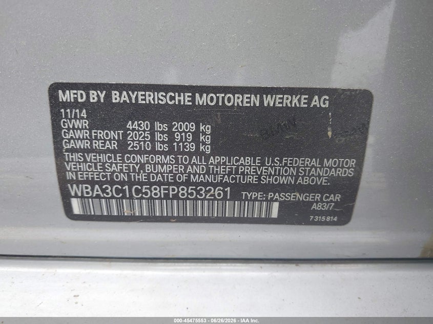 2015 BMW 3er VIN WBA3C1C58FP853261 IAAI salvage auction — FRONT END, Salvage Title, sold $325 on 2026-08-13 (photo 9)