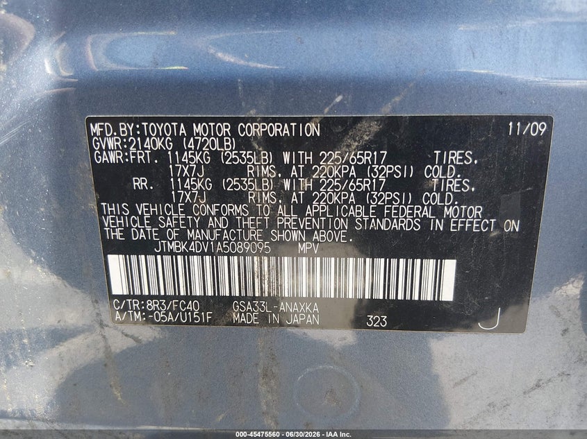 2010 Toyota Rav4 VIN JTMBK4DV1A5089095 IAAI salvage auction — FRONT END, Salvage (North Carolina), sold $225 on 2026-07-22 (photo 9)