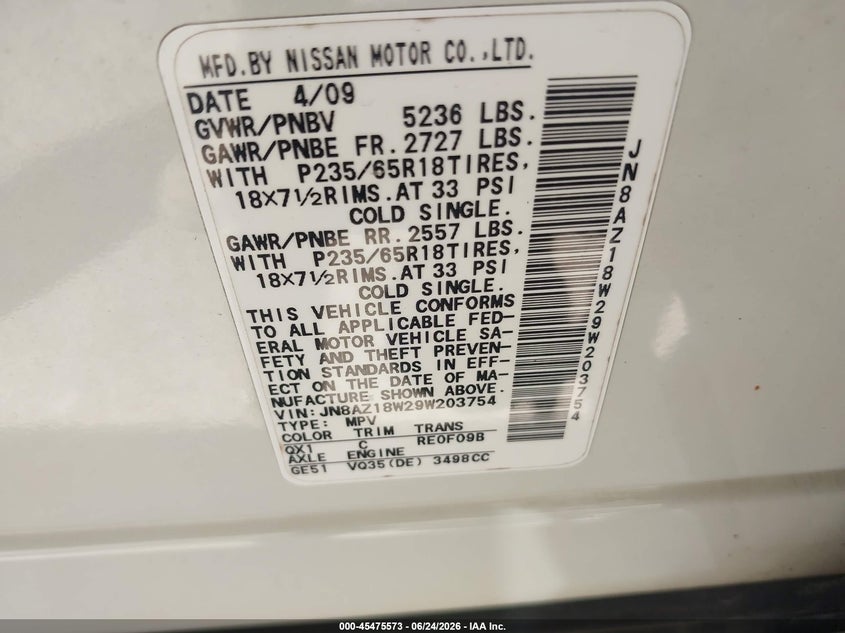 2009 Nissan Murano VIN JN8AZ18W29W203754 IAAI salvage auction — LEFT SIDE, Clear (Indiana), sold $350 on 2026-07-22 (photo 9)