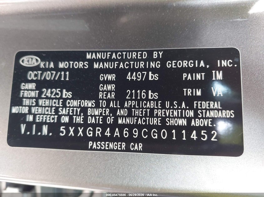 2012 Kia Optima VIN 5XXGR4A69CG011452 IAAI salvage auction — SIDE, Salvage (Ohio), sold $2,000 on 2026-07-23 (photo 9)