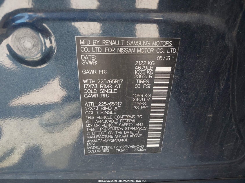 2016 Nissan Rogue VIN KNMAT2MV7GP704811 IAAI salvage auction — FRONT END, Salvage (Pennsylvania), sold $925 on 2026-07-24 (photo 9)