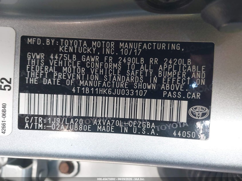 2018 Toyota Camry VIN 4T1B11HK6JU033107 IAAI salvage auction — SIDE, Salvage (Idaho), sold $6,700 on 2026-07-10 (photo 9)