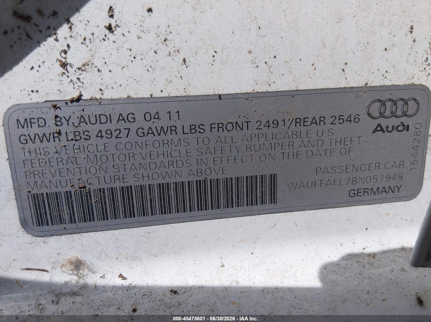 2011 Audi A4 VIN WAUFFAFL7BN051949 IAAI salvage auction — HAIL, Salvage (Ohio), sold $1,350 on 2026-07-28 (photo 9)