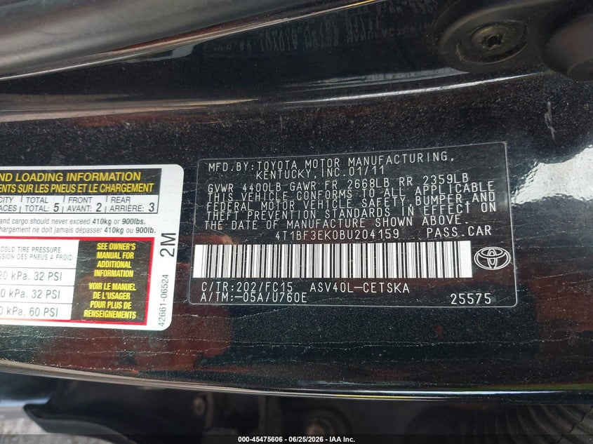 2011 Toyota Camry VIN 4T1BF3EK0BU204159 IAAI salvage auction — ROLLOVER, Salvage (Pennsylvania), sold $425 on 2026-07-11 (photo 9)