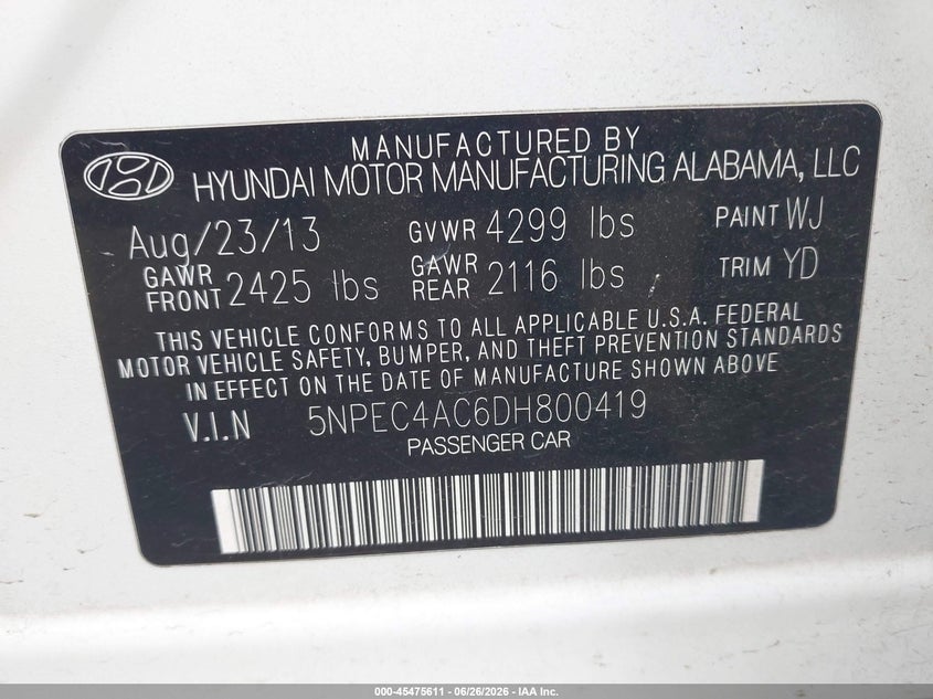 2013 Hyundai Sonata VIN 5NPEC4AC6DH800419 IAAI salvage auction — REAR END, Salvage Title, sold $500 on 2026-07-23 (photo 9)