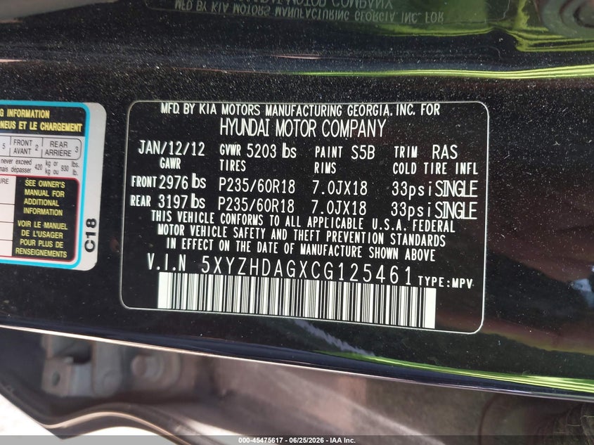 2012 Hyundai Santa fe VIN 5XYZHDAGXCG125461 IAAI salvage auction — REAR END, Salvage (North Carolina), sold $1,250 on 2026-07-13 (photo 9)