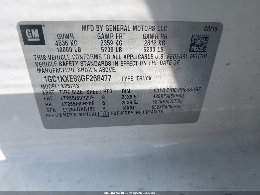 2016 Chevrolet Silverado VIN 1GC1KXE80GF268477 IAAI salvage auction — FRONT & REAR, Salvage Title, sold $8,000 on 2026-07-31 (photo 9)
