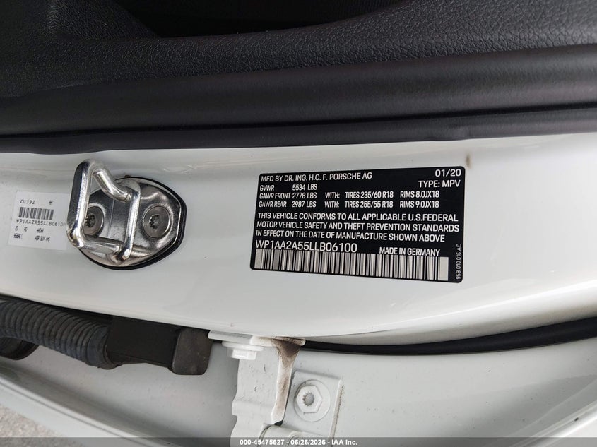 2020 Porsche Macan VIN WP1AA2A55LLB06100 IAAI salvage auction — FRONT END, Salvage (New Jersey), sold $8,550 on 2026-08-10 (photo 9)