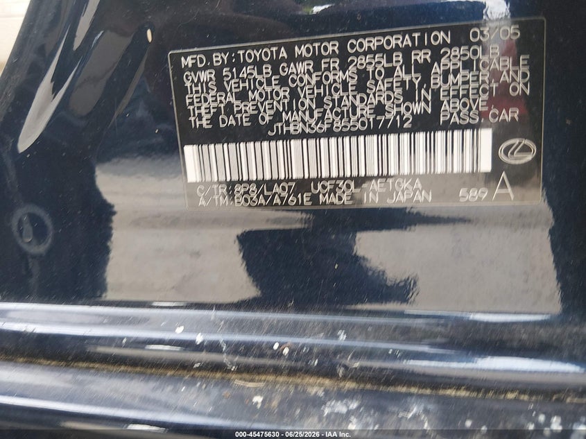 2005 Lexus Ls VIN JTHBN36F855017712 IAAI salvage auction — FRONT END, Clear (Maryland), sold $875 on 2026-07-30 (photo 9)