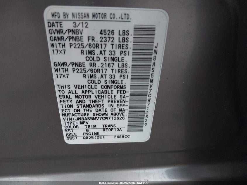 2012 Nissan Rogue VIN JN8AS5MV7CW712626 IAAI salvage auction — SIDE, Salvage Title, sold $325 on 2026-07-24 (photo 9)