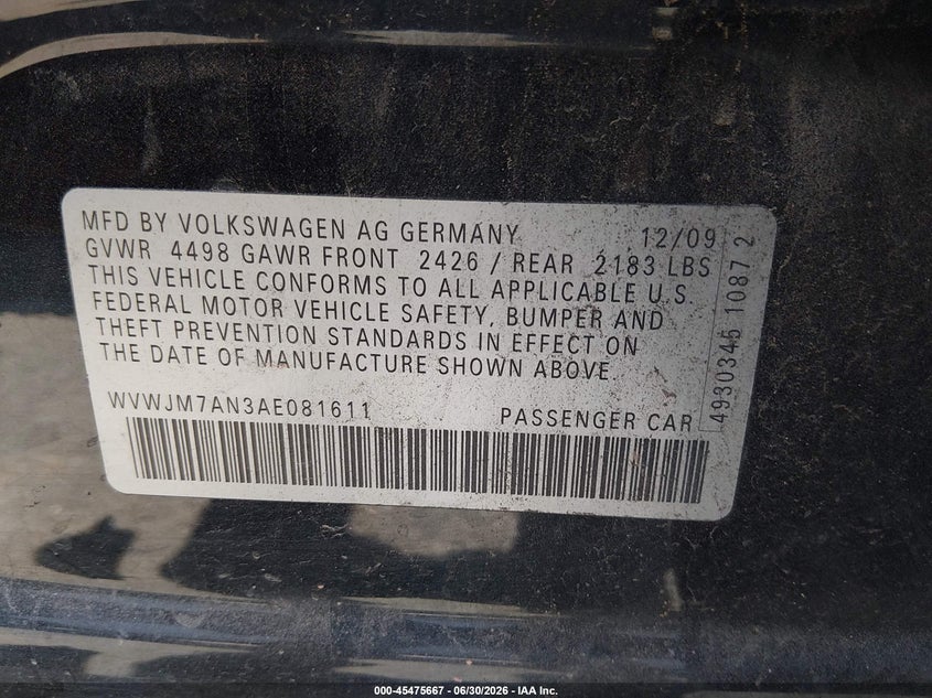2010 Volkswagen Passat VIN WVWJM7AN3AE081611 IAAI salvage auction — NORMAL WEAR, Clear (Utah), sold $150 on 2026-07-17 (photo 9)