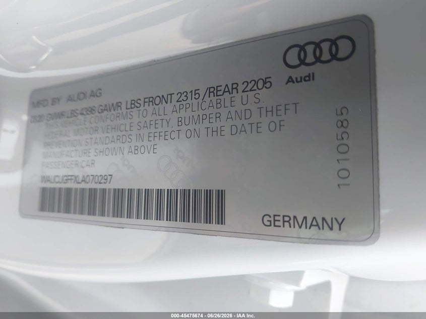 2020 Audi A3 VIN WAUCUGFFXLA070297 IAAI salvage auction — RIGHT FRONT, Salvage (North Carolina), sold $7,500 on 2026-08-05 (photo 9)