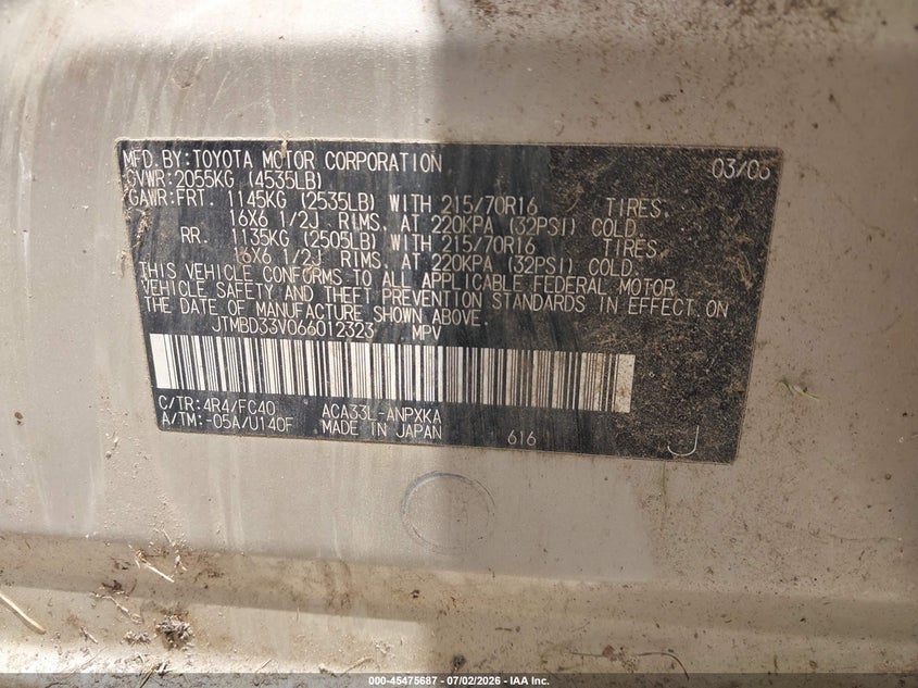 2006 Toyota Rav4 VIN JTMBD33V066012323 IAAI salvage auction — NORMAL WEAR, Clear (North Carolina), sold $800 on 2026-07-17 (photo 9)