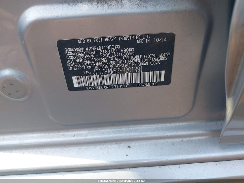 2015 Subaru Impreza VIN JF1GPAW69FH201391 IAAI salvage auction — FRONT END, Salvage Title, sold $425 on 2026-07-14 (photo 9)