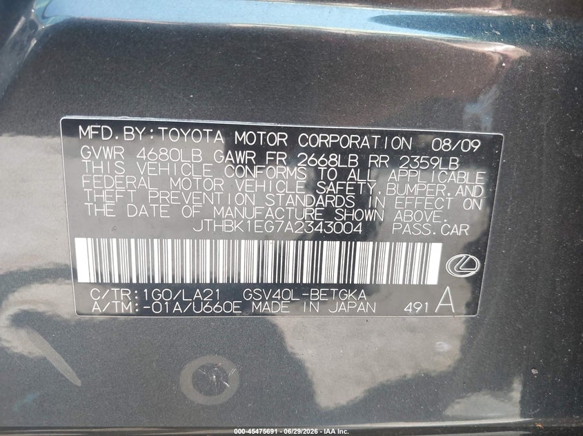 2010 Lexus Es 350 VIN JTHBK1EG7A2343004 IAAI salvage auction — LEFT REAR, Salvage - Greater Than 75% (Maryland), sold $925 on 2026-07-28 (photo 9)