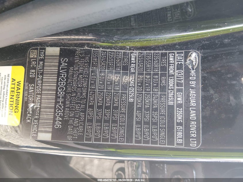 2017 Land rover Range rover evoque VIN SALVR2BG8HH235446 IAAI salvage auction — FRONT END, Original (Ohio), sold $1,050 on 2026-07-22 (photo 9)