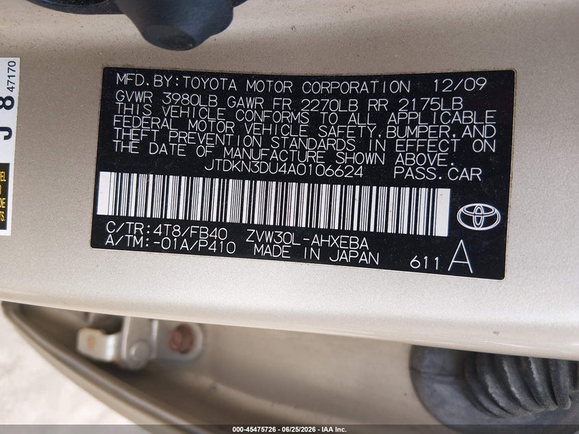 2010 Toyota Prius VIN JTDKN3DU4A0106624 IAAI salvage auction — NORMAL WEAR, Clear (Massachusetts), sold $925 on 2026-07-29 (photo 9)