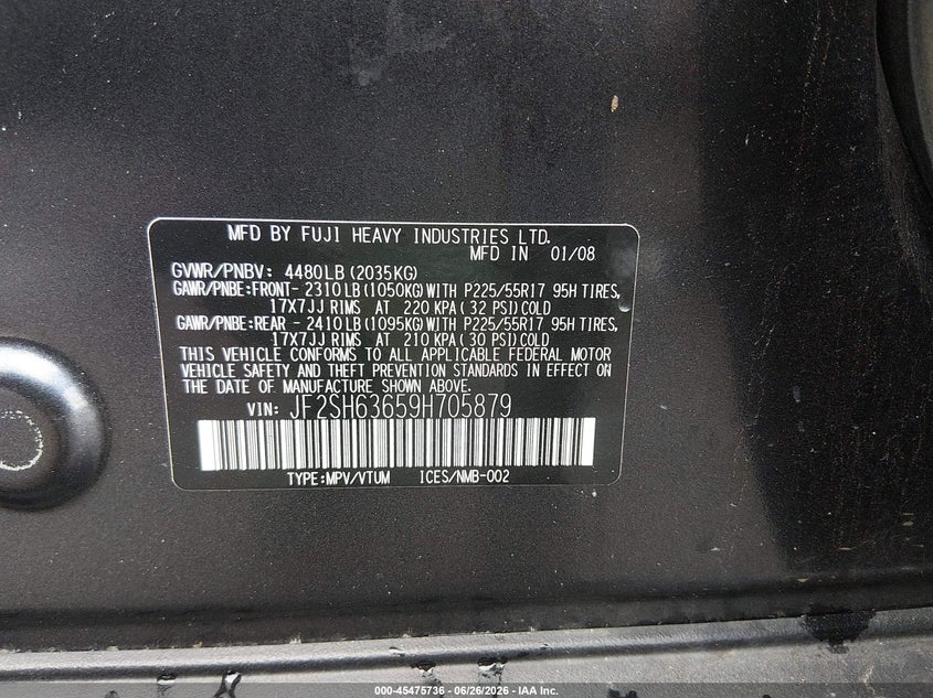 2009 Subaru Forester VIN JF2SH63659H705879 IAAI salvage auction — Unknown, Salvage (Connecticut), sold $400 on 2026-07-09 (photo 9)