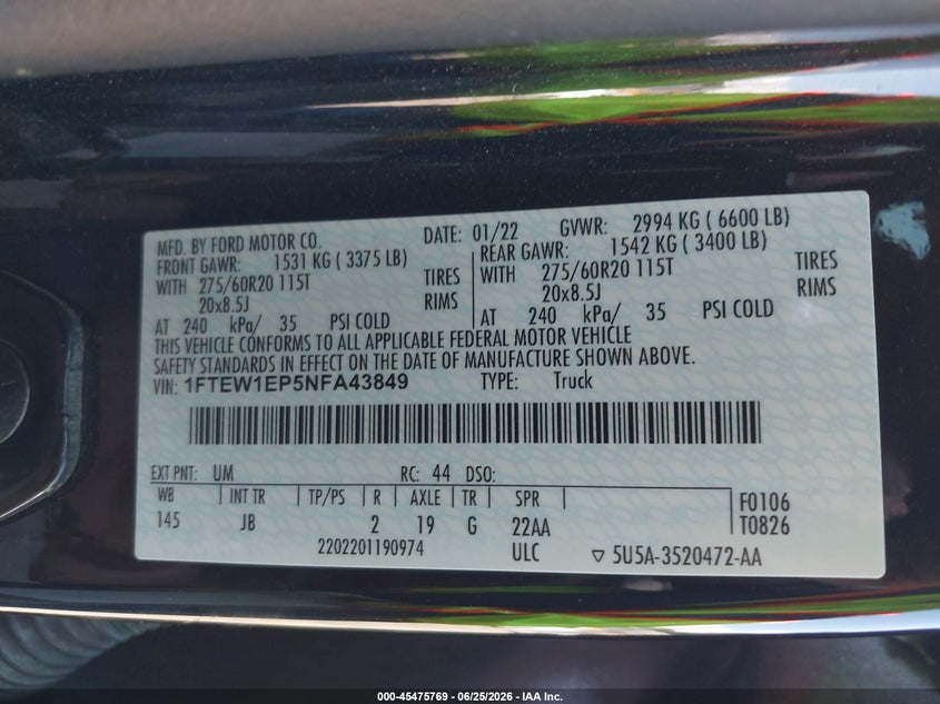2022 Ford F-150 VIN 1FTEW1EP5NFA43849 IAAI salvage auction — REAR END, Salvage Title, sold $10,600 on 2026-07-22 (photo 9)