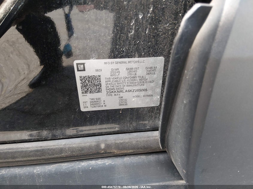 2019 Gmc Acadia VIN 1GKKNRLA6KZ285065 IAAI salvage auction — NORMAL WEAR, Sf97 (Maryland), sold $8,450 on 2026-08-18 (photo 9)