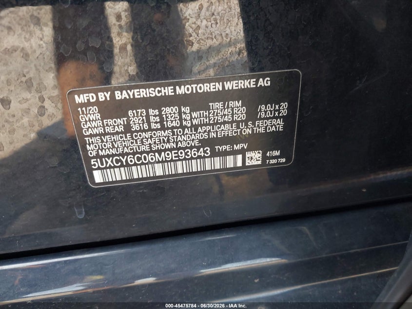 2021 BMW X6 VIN 5UXCY6C06M9E93643 IAAI salvage auction — FRONT & REAR, Salvage Title, sold $26,250 on 2026-07-29 (photo 9)