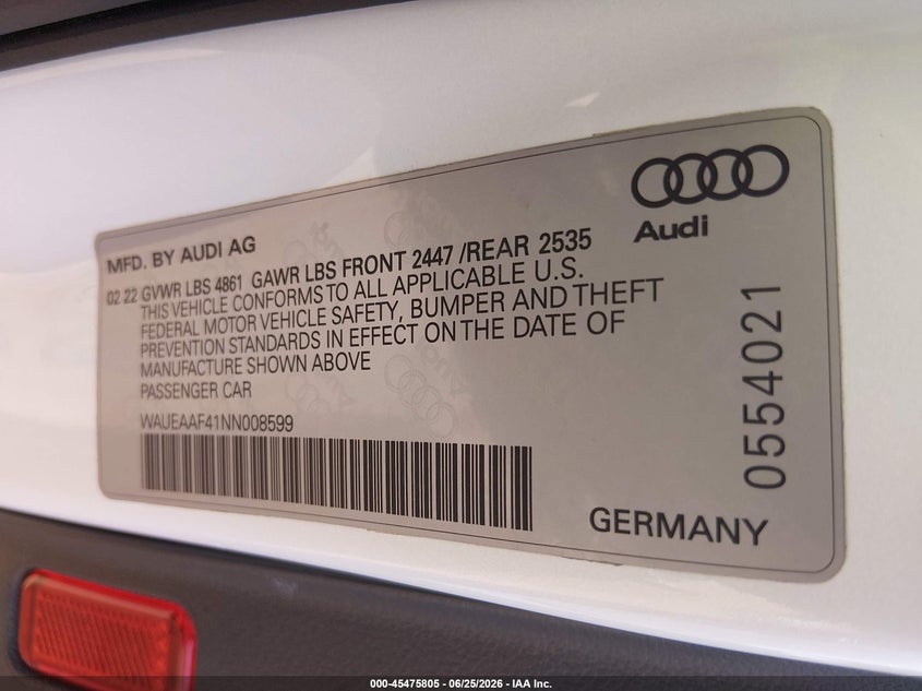 2022 Audi A4 VIN WAUEAAF41NN008599 IAAI salvage auction — FRONT END, Salvage (North Carolina), sold $4,050 on 2026-07-31 (photo 9)