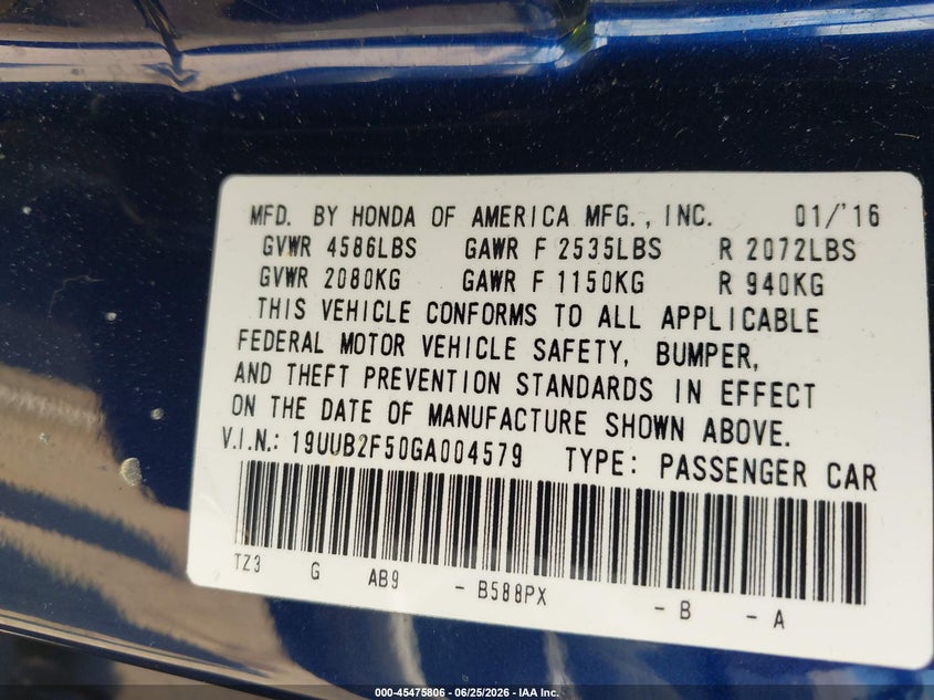 2016 Acura Tlx VIN 19UUB2F50GA004579 IAAI salvage auction — LEFT FRONT, Salvage Title, sold $3,450 on 2026-07-23 (photo 9)
