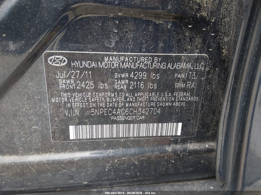 2012 Hyundai Sonata VIN 5NPEC4AC6CH342704 IAAI salvage auction — FRONT END, Salvage - Greater Than 75% (Maryland), sold $225 on 2026-07-30 (photo 9)