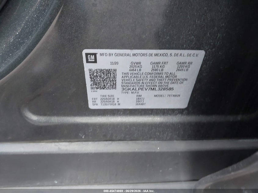 2021 Gmc Terrain VIN 3GKALPEV7ML328585 IAAI salvage auction — SIDE, Salvage Certificate (California), sold $2,850 on 2026-07-10 (photo 9)