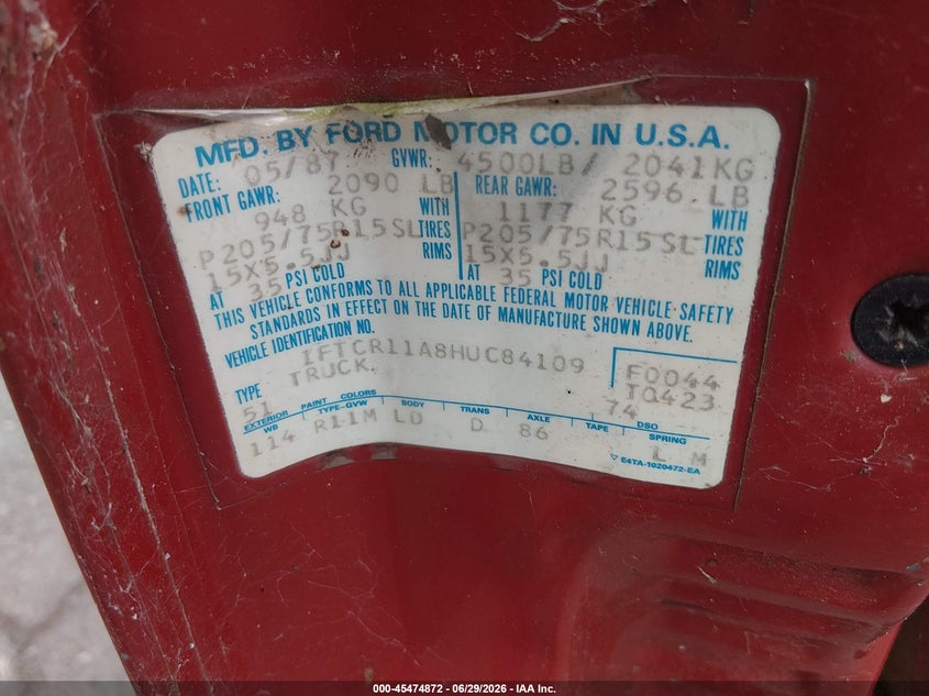 1987 Ford Ranger VIN 1FTCR11A8HUC84109 IAAI salvage auction — BIO HAZARD, Clear-Dealer Only (Washington), sold $100 on 2026-07-09 (photo 9)