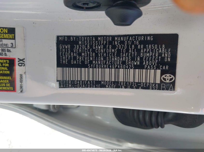 2016 Toyota Corolla VIN 5YFBURHE4GP460425 IAAI salvage auction — FRONT END, Salvage (California), sold $1,625 on 2026-07-07 (photo 9)