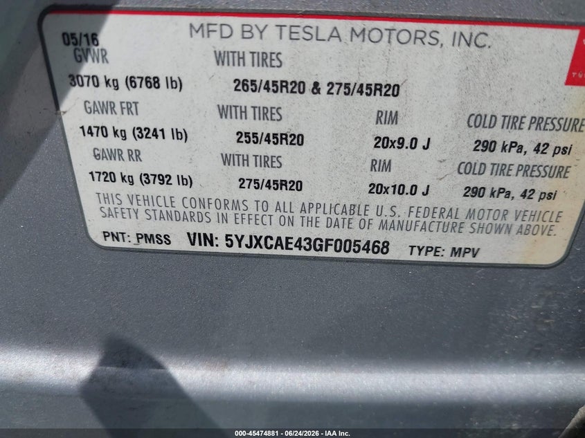 2016 Tesla Model x VIN 5YJXCAE43GF005468 IAAI salvage auction — NORMAL WEAR, Clear - Dealer Only (California), sold $10,025 on 2026-07-06 (photo 9)