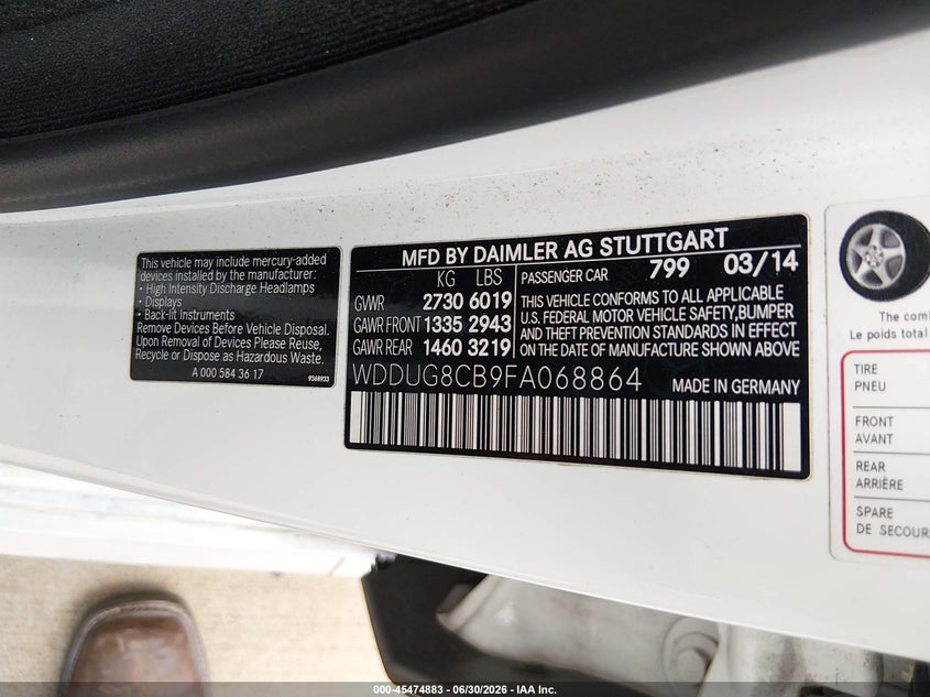 2015 Mercedes-benz S-klasse VIN WDDUG8CB9FA068864 IAAI salvage auction — ROOF, Original (Texas), sold $9,200 on 2026-08-14 (photo 9)