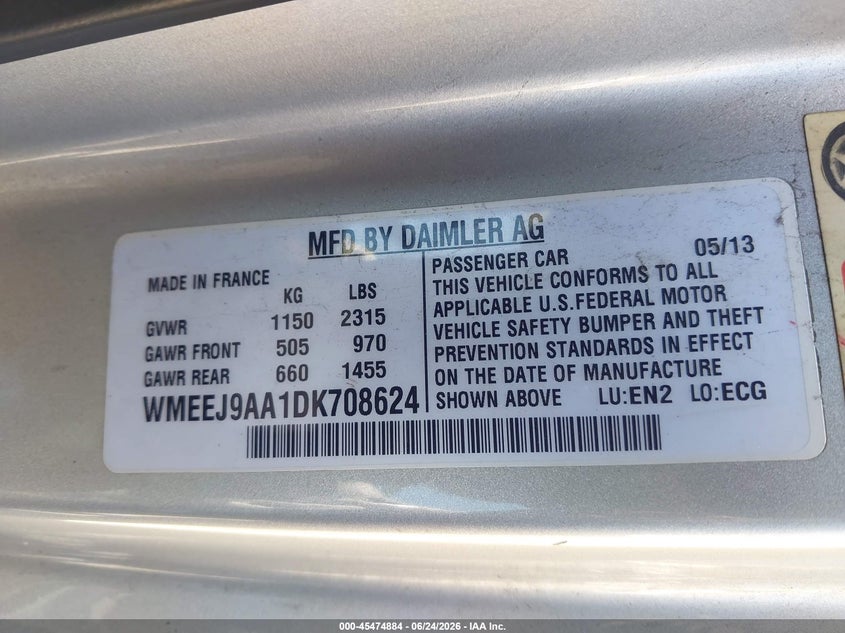 2013 Smart VIN WMEEJ9AA1DK708624 IAAI salvage auction — REAR END, Salvage (California), sold $150 on 2026-07-30 (photo 9)