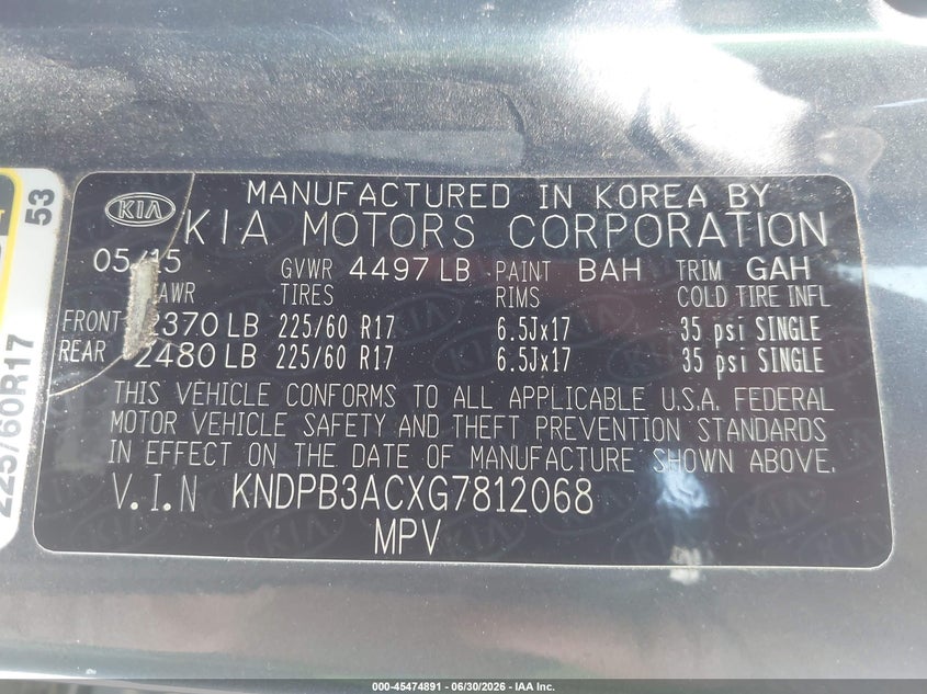 2016 Kia Sportage VIN KNDPB3ACXG7812068 IAAI salvage auction — NORMAL WEAR, Original (Ohio), sold $925 on 2026-07-28 (photo 9)