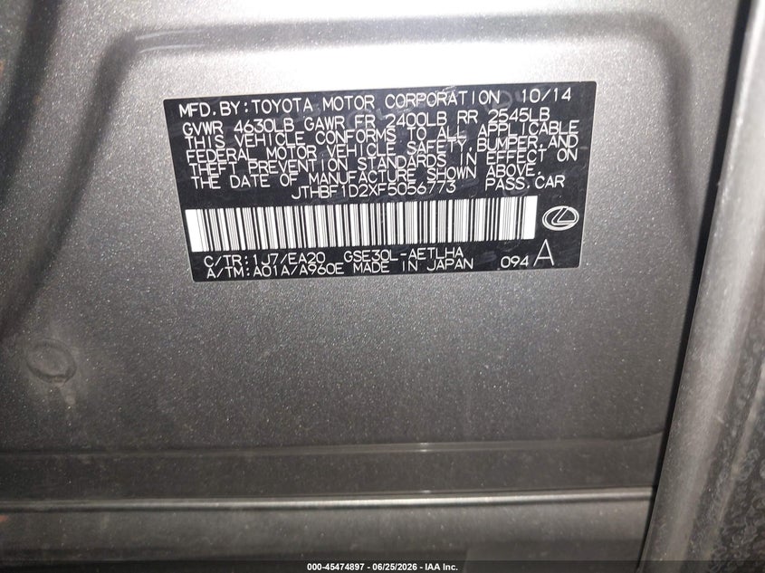 2015 Lexus Is VIN JTHBF1D2XF5056773 IAAI salvage auction — RIGHT FRONT, Salvage Title, sold $5,000 on 2026-08-01 (photo 9)