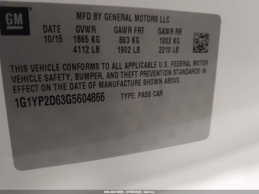2016 Chevrolet Corvette VIN 1G1YP2D63G5604866 IAAI salvage auction — FRONT END, Salvage (Minnesota), sold $24,700 on 2026-10-14 (photo 9)