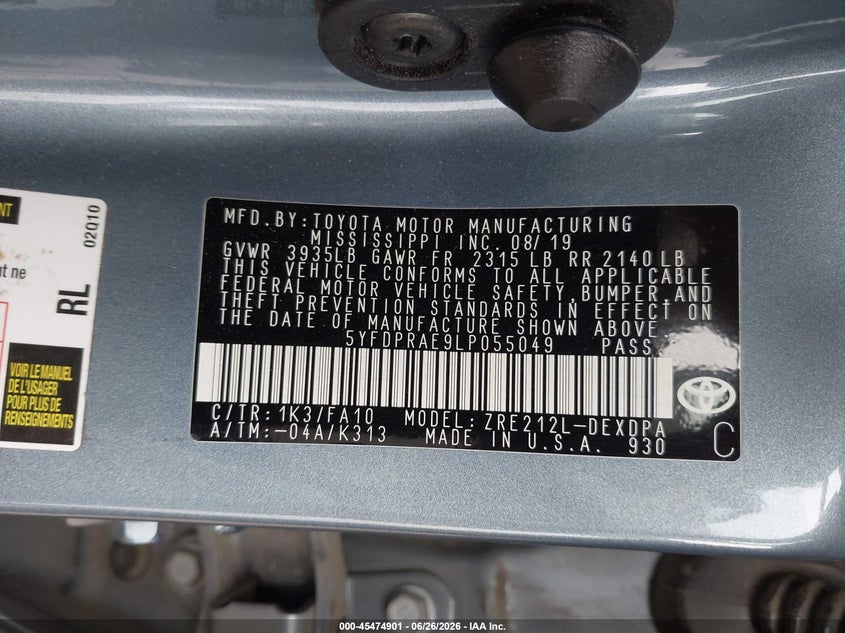 2020 Toyota Corolla VIN 5YFDPRAE9LP055049 IAAI salvage auction — FRONT END, Bill Of Sale (Washington), sold $4,150 on 2026-07-07 (photo 9)