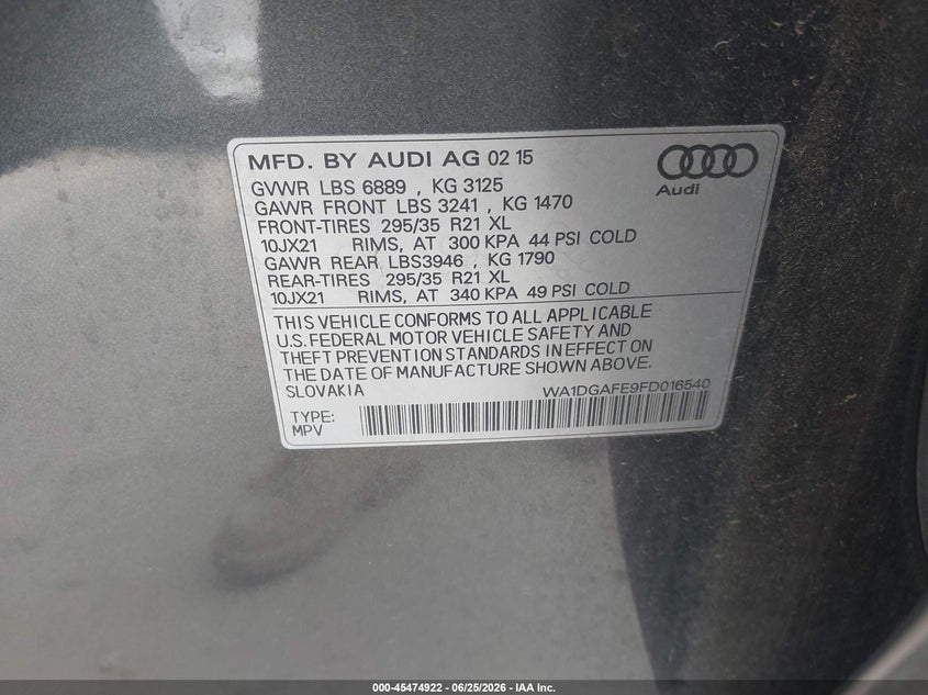 2015 Audi Q7 VIN WA1DGAFE9FD016540 IAAI salvage auction — NORMAL WEAR, Salvage (Florida), sold $1,550 on 2026-07-21 (photo 9)