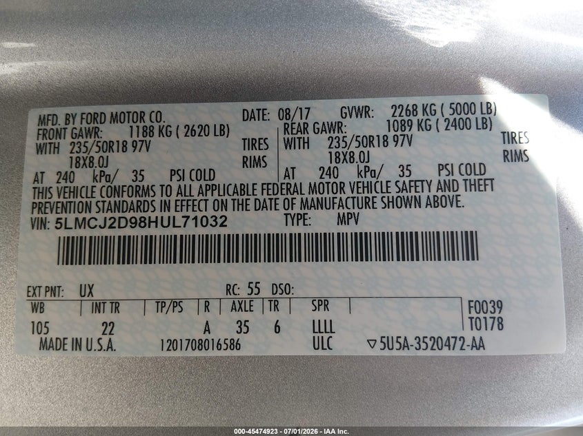 2017 Lincoln Mkc VIN 5LMCJ2D98HUL71032 IAAI salvage auction — ENGINE DAMAGE, Wait Title, sold $200 on 2026-10-02 (photo 9)
