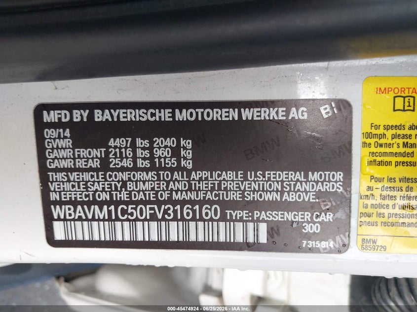 2015 BMW X1 VIN WBAVM1C50FV316160 IAAI salvage auction — LEFT FRONT, Salvage (California), sold $1,550 on 2026-07-29 (photo 9)