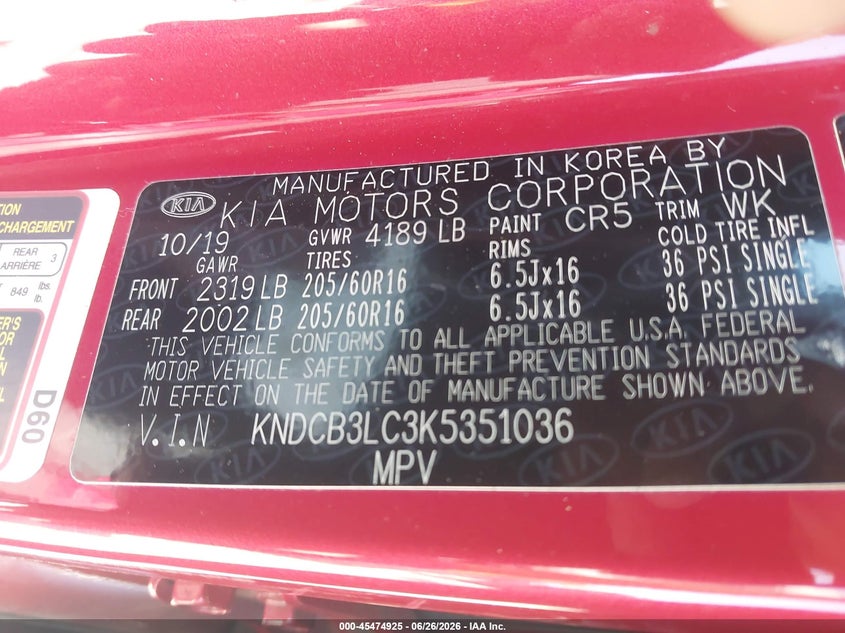 2019 Kia Niro VIN KNDCB3LC3K5351036 IAAI salvage auction — FRONT END, Salvage Title, sold $2,150 on 2026-07-21 (photo 9)