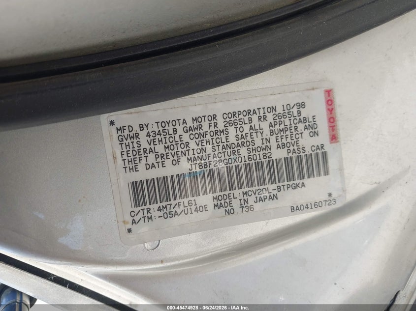 1999 Lexus Es 300 VIN JT8BF28G0X0160182 IAAI salvage auction — RIGHT REAR, Salvage (California), sold $350 on 2026-07-23 (photo 9)