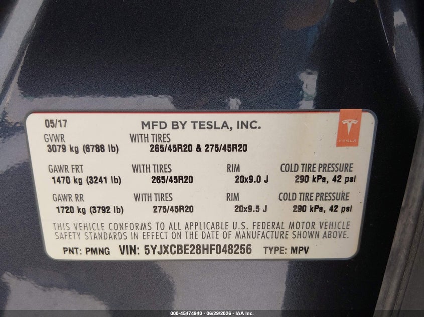 2017 Tesla Model x VIN 5YJXCBE28HF048256 IAAI salvage auction — FRONT END, Salvage Title, sold $2,900 on 2026-08-21 (photo 9)