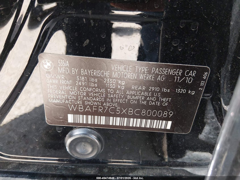 2011 BMW 5 series VIN WBAFR7C5XBC800089 IAAI salvage auction — NORMAL WEAR, Original (Texas), sold $2,250 on 2026-07-15 (photo 9)