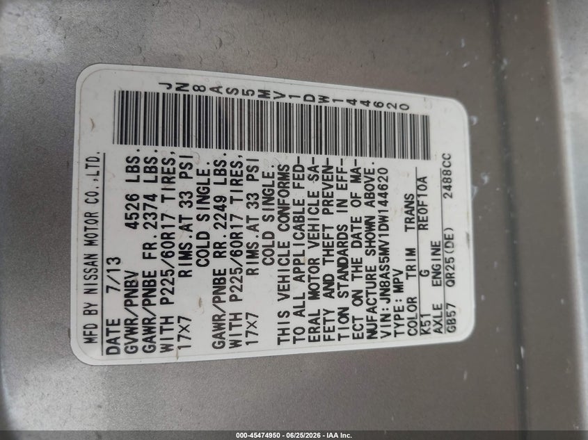 2013 Nissan Rogue VIN JN8AS5MV1DW144620 IAAI salvage auction — NORMAL WEAR, Clear (Alabama), sold $450 on 2026-07-15 (photo 9)